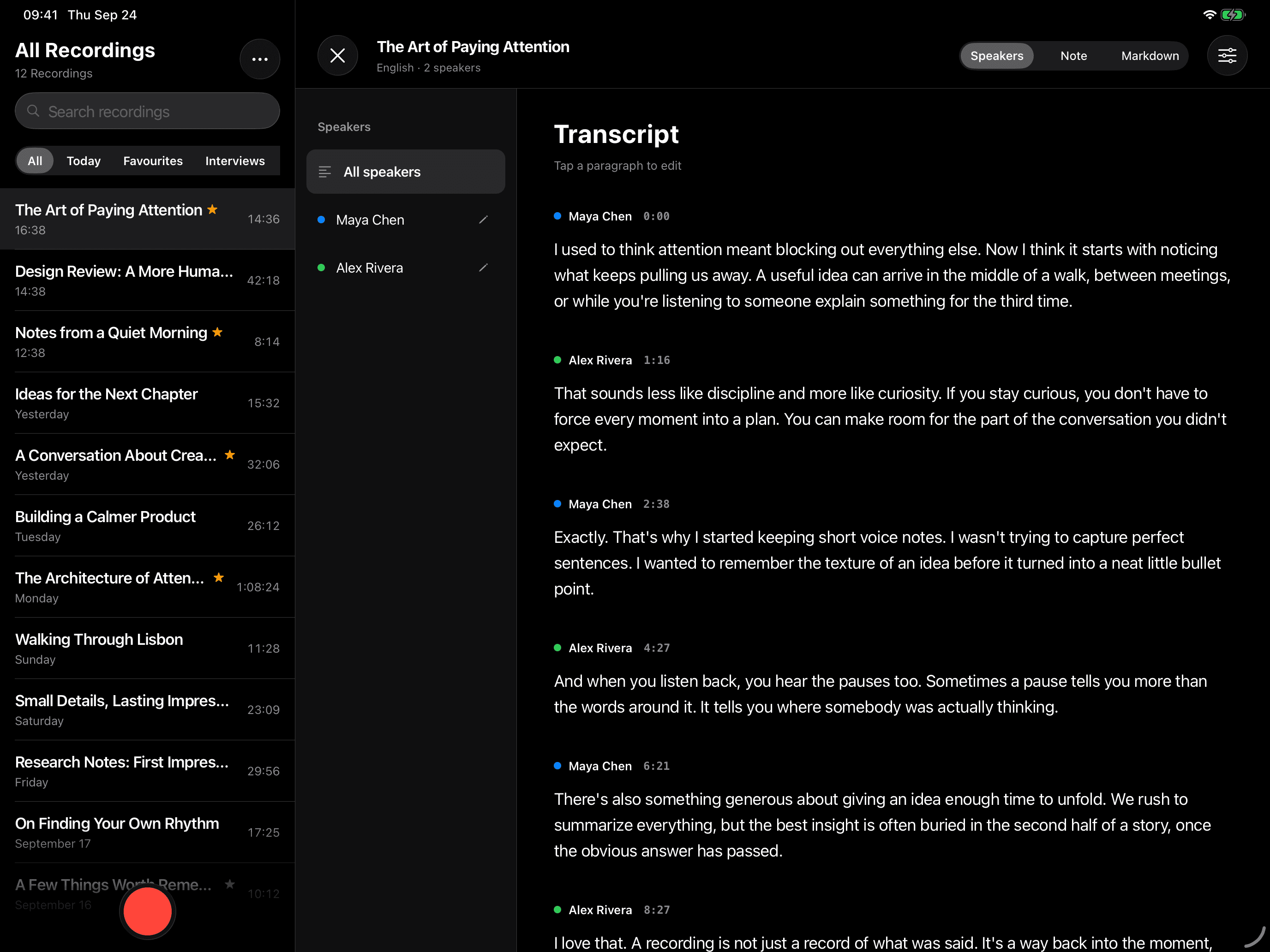 Recordings beside a transcript on iPad