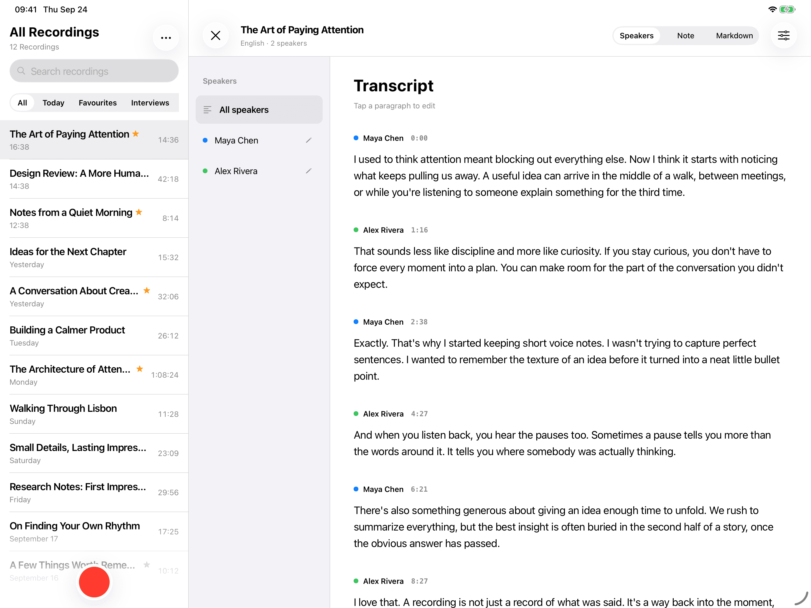 Recordings beside a transcript on iPad, in the light appearance